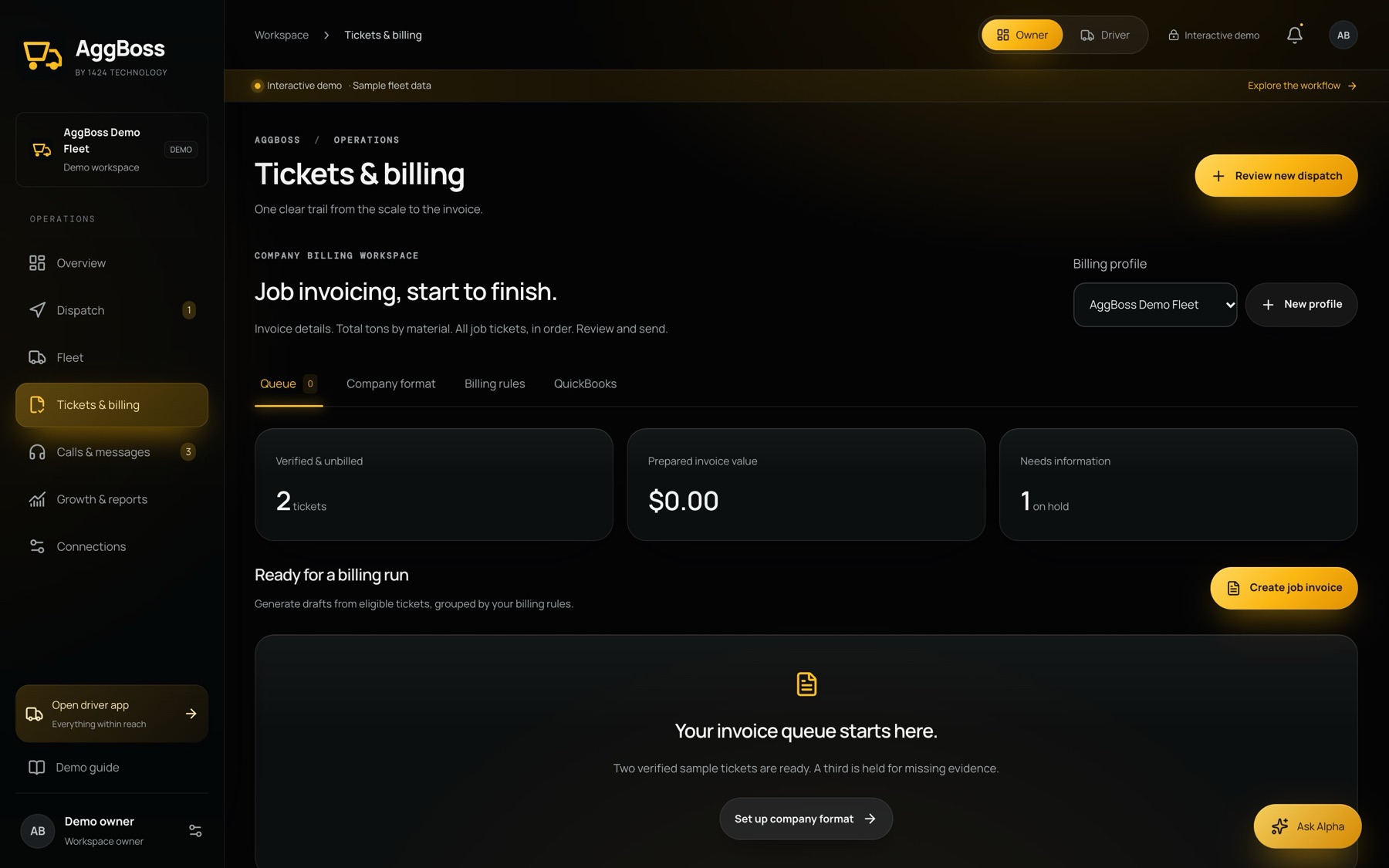 AggBoss tickets and billing workspace with verified tickets ready for a billing run