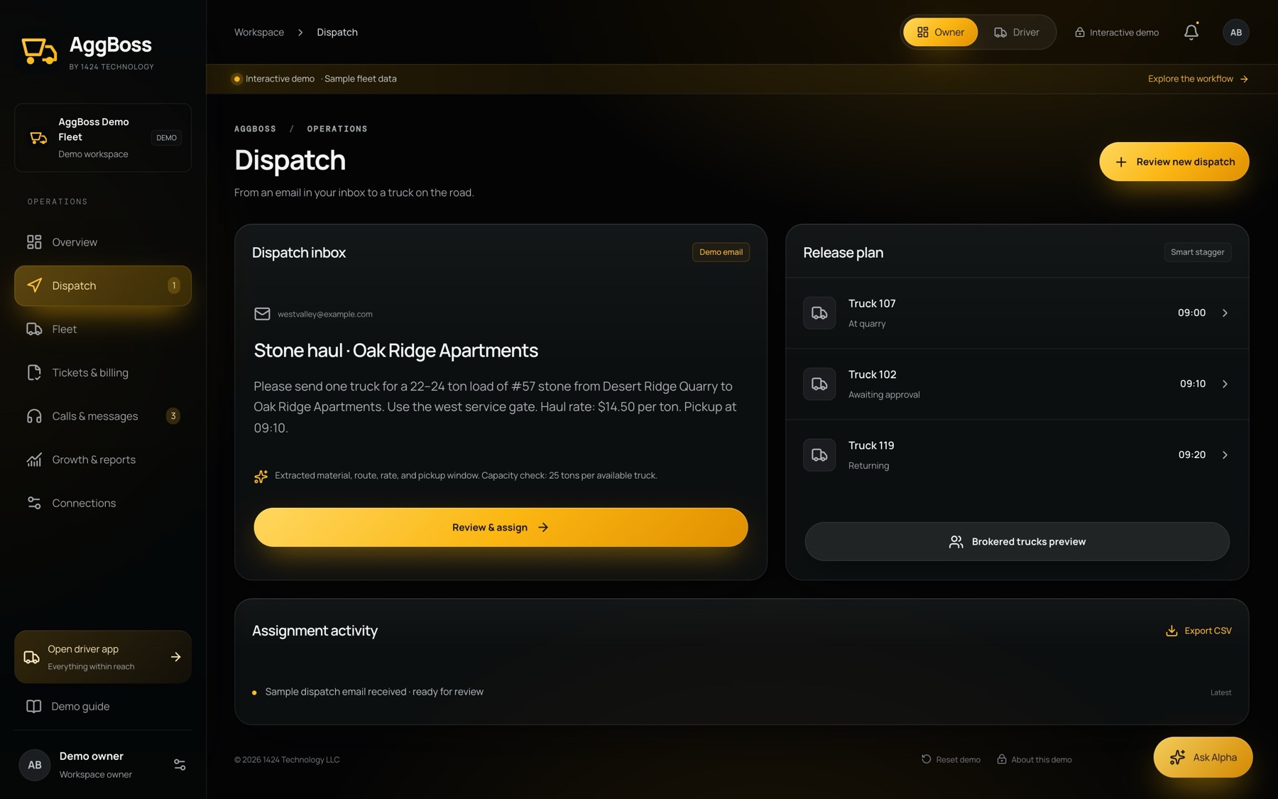 AggBoss dispatch inbox with a parsed stone haul order and a release plan for three trucks