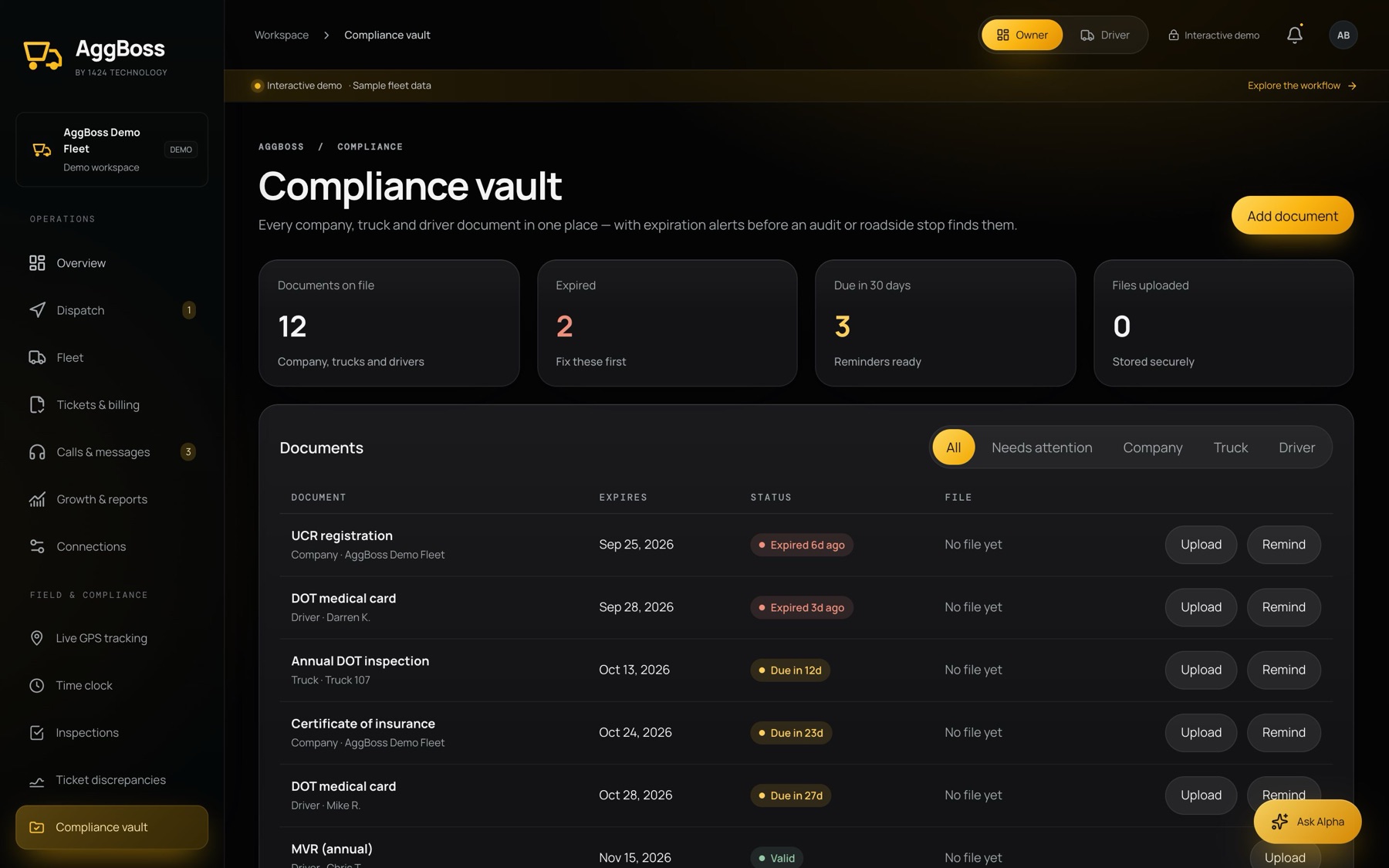 AggBoss compliance vault listing documents with expiration status
