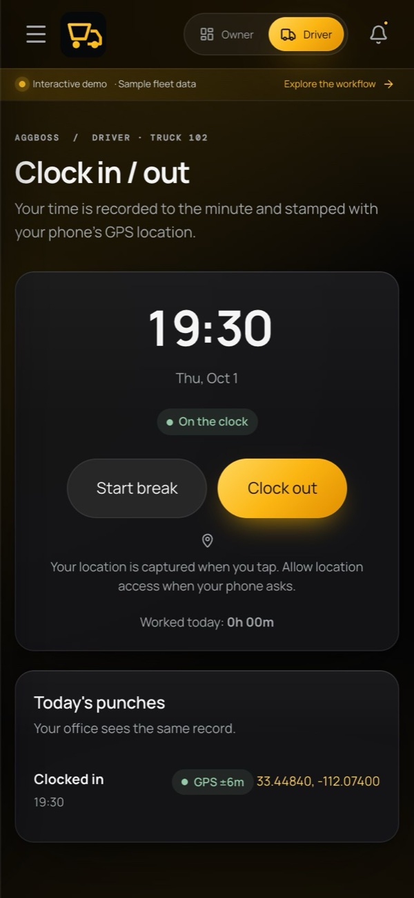 AggBoss driver clock-in screen showing a GPS-stamped punch