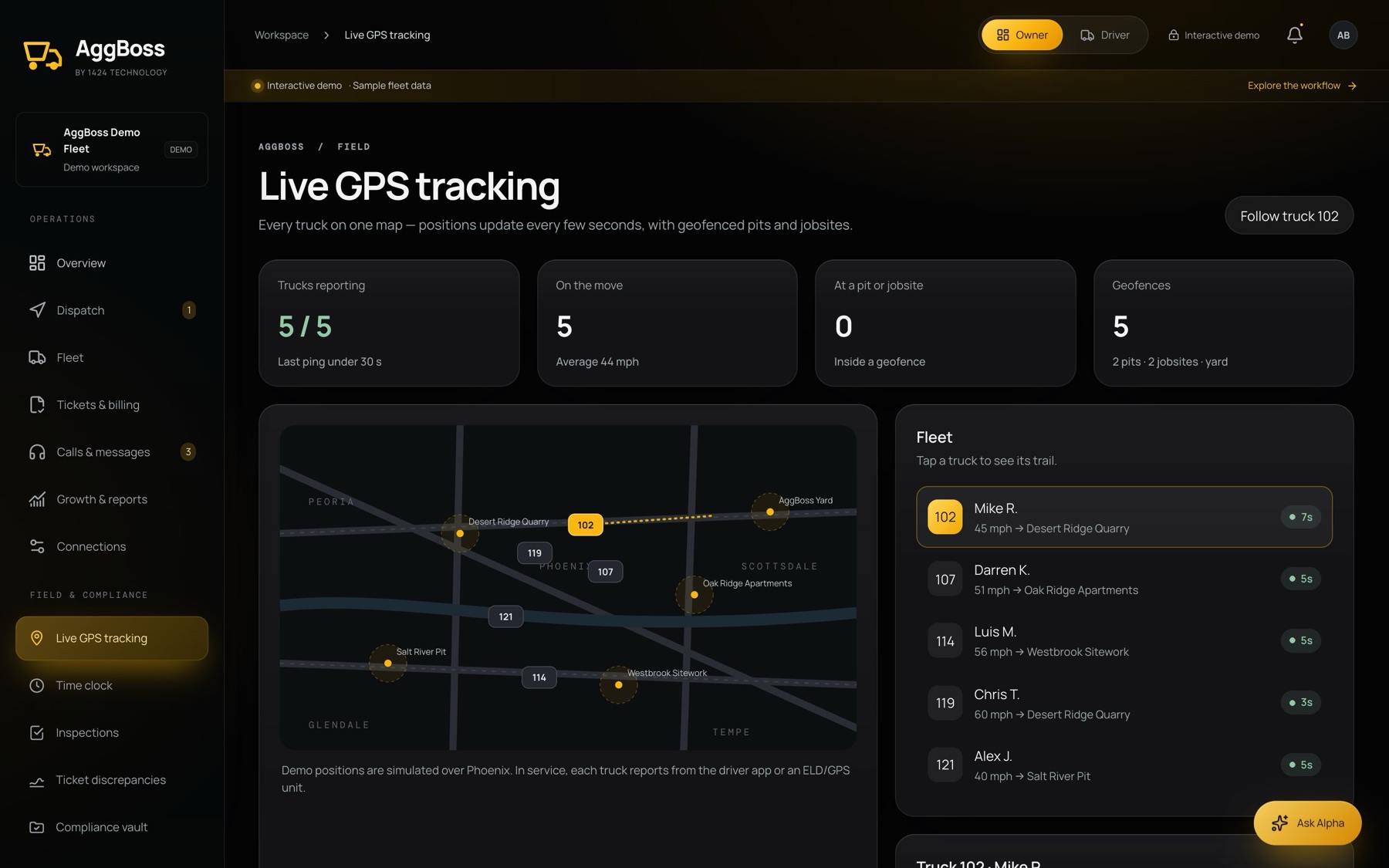 AggBoss live GPS tracking map with five trucks and geofenced sites