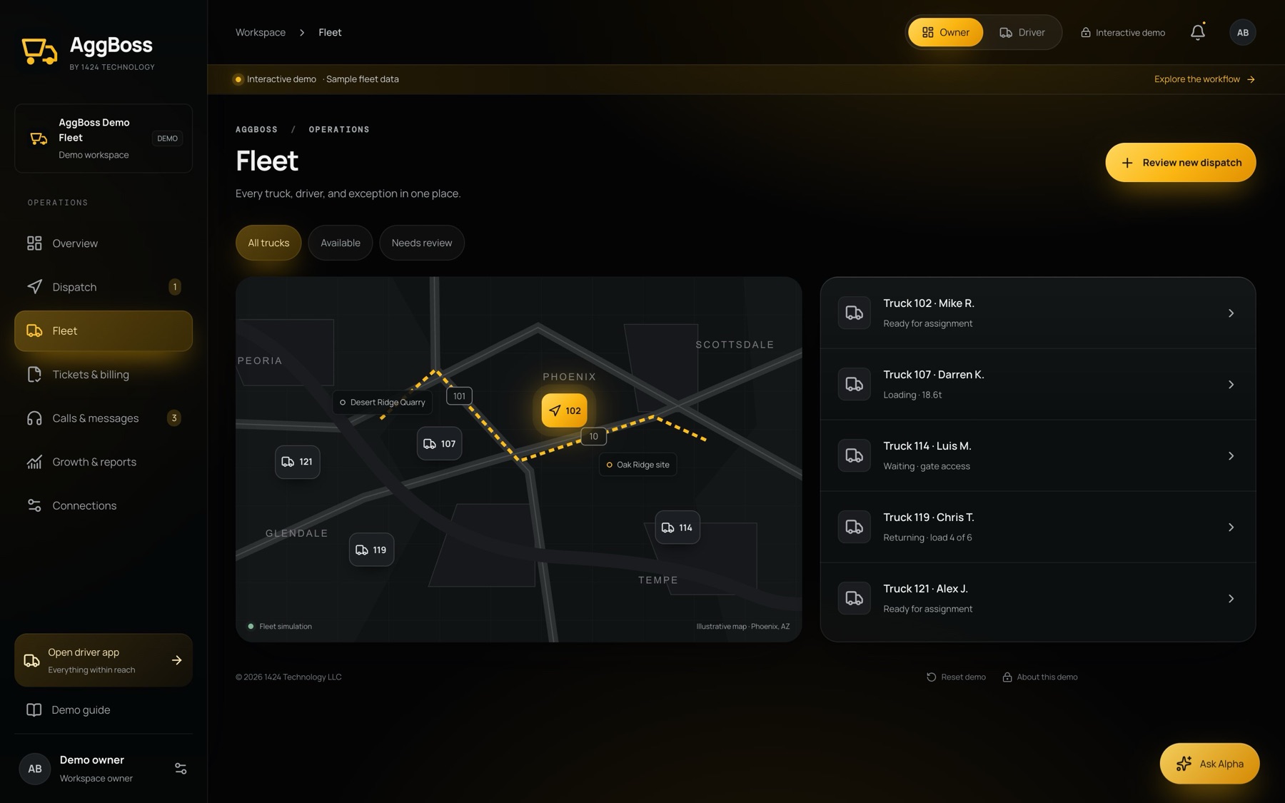 AggBoss fleet map with five trucks around the Phoenix metro