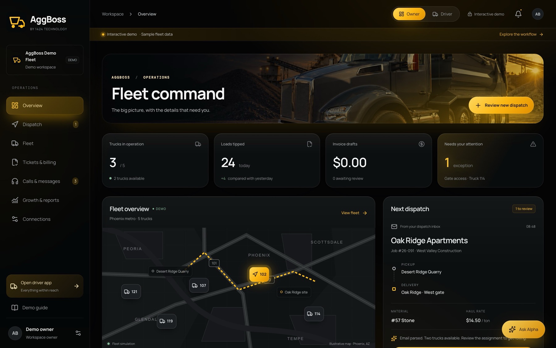 AggBoss owner dashboard showing trucks in operation, loads tipped, a fleet map and the next dispatch