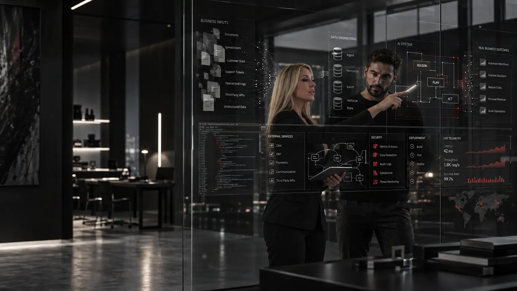 Two AI engineers designing a secure autonomous business system on a transparent spatial interface